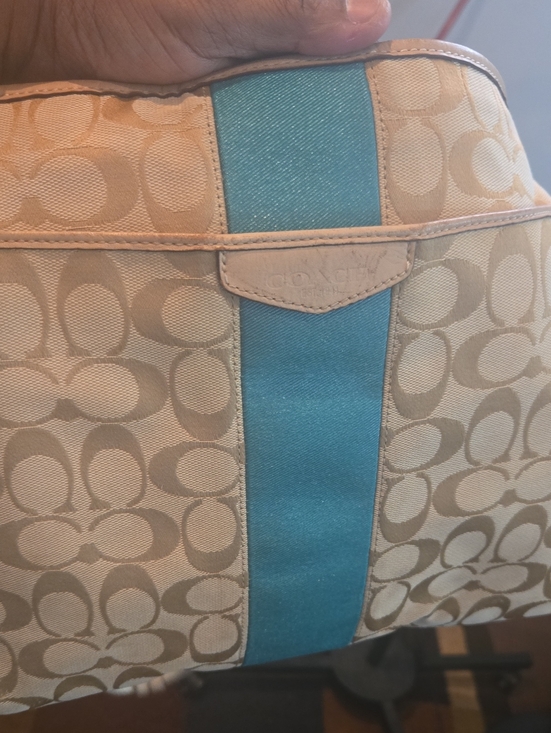Coach Handbags - Coach Khaki Signature Canvas Shoulder Bag with Teal Stripe